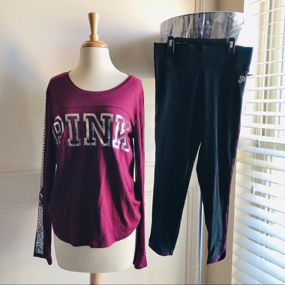 VS PINK Bling Maroon Long Sleeve Tee & Legging SET - Picture 2 of 16